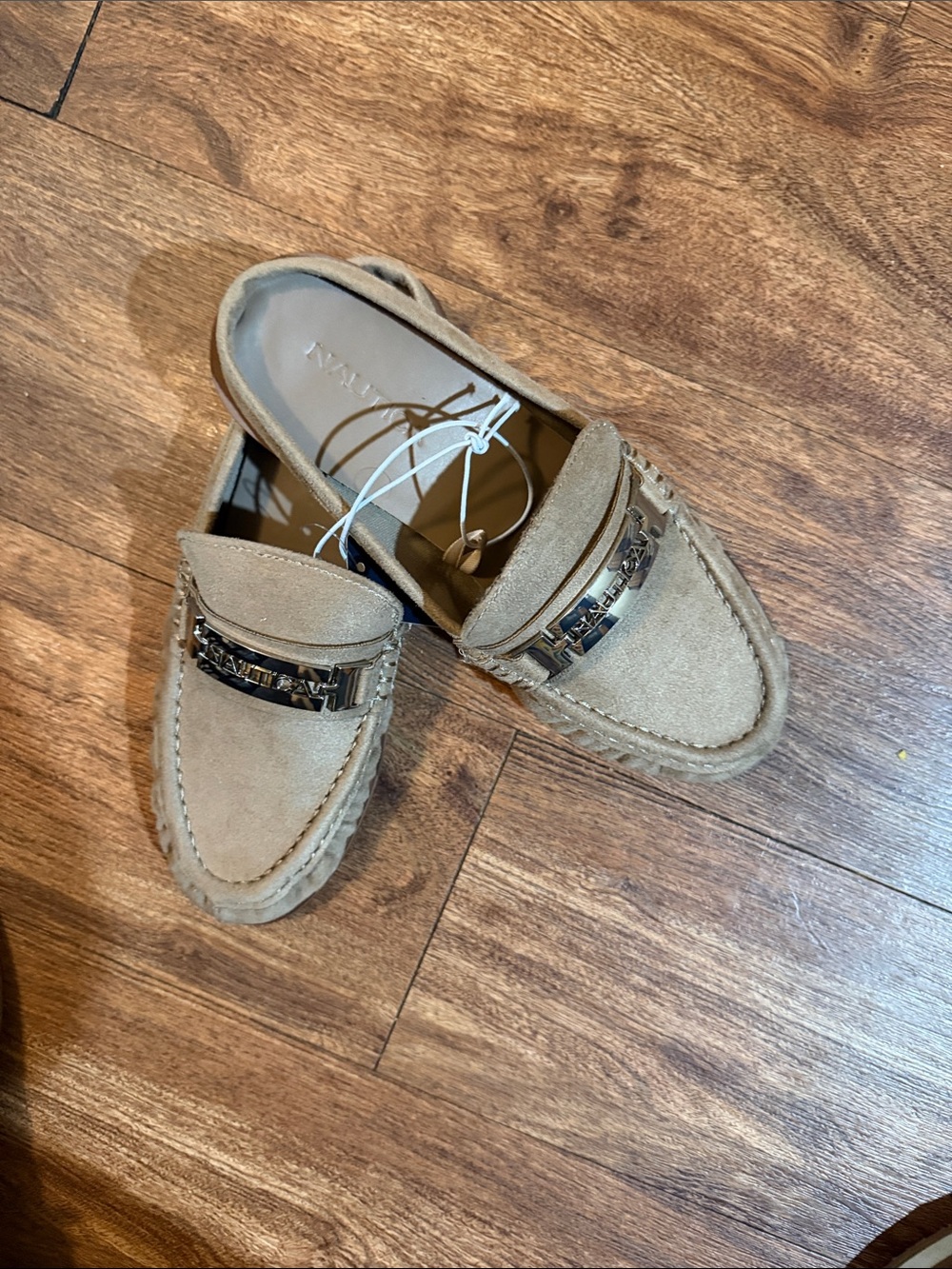 Nautica Women's Tan Suede Slip-On Loafers with Gold Accent